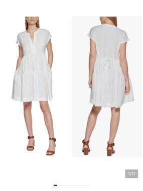 Calvin Klein White Tiered Short-Sleeve Tie-Waist Mini Dress